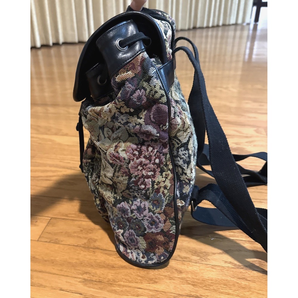 VTG 80s/90s New York Studios Floral Tapestry Backpack Black Leather Trim 10x12x5 - Picture 5 of 11